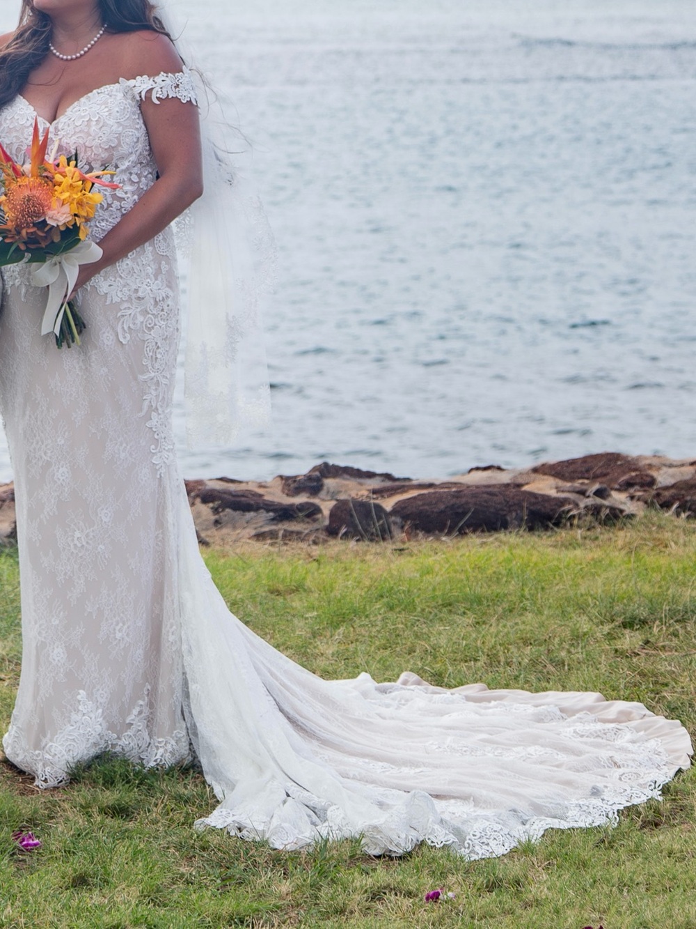 Lilian West Lace Appliqué V-Neck Wedding Dress in Ivory